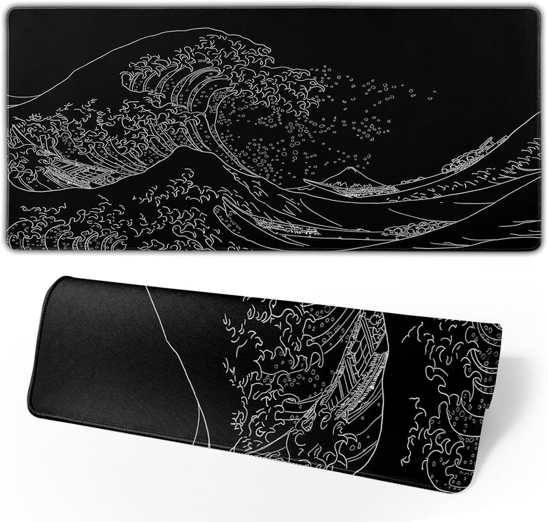Brecoy Japanese Sea Wave Large Mouse Pad, Anime Black Gaming, Extended Kanagawa Mat Desk Pad, 3mm Thick Long Non-Slip Rubber Base Mice Pad, 31.5 X 11.8 Inch - Image 1